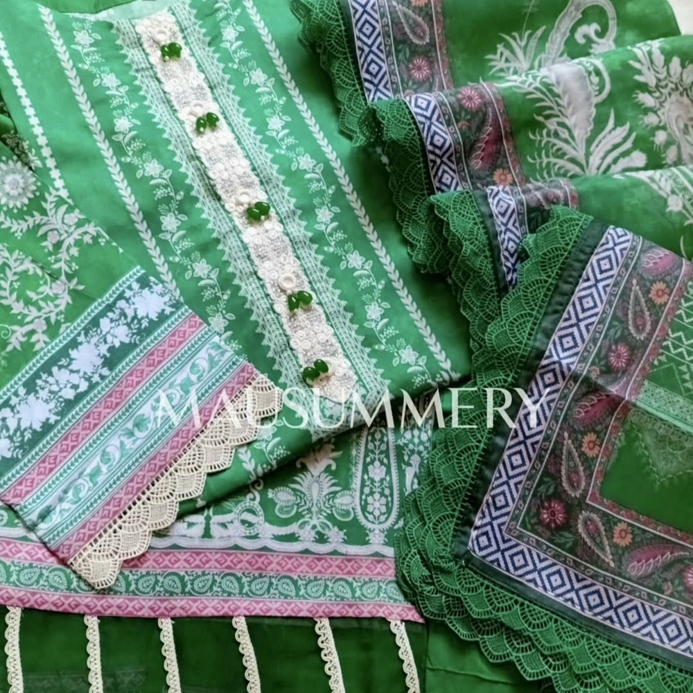Pakistani 3pc Lawn Green Lace Work Fabric